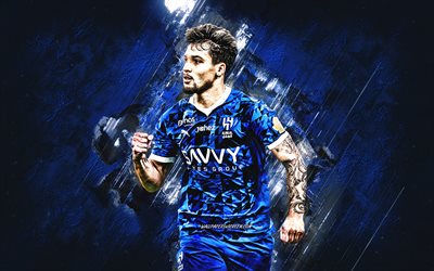 Marcos Leonardo, Al-Hilal Saudi FC, Brazilian football player, blue stone background, Al-Hilal, grunge art, Saudi Arabia, football, Marcos Leonardo Al-Hilal