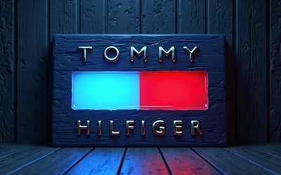 4k, tommy hilfiger holzlogo, dunkelheit, blaue neonlichter, 3d  kunst, hölzerne hintergründe, marken, tommy hilfiger 3d  logo, kreativ, tommy hilfiger logo, modemarken, tommy hilfiger