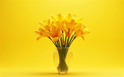 4k, ramo de narcisos amarillos, primavera, fondo amarillo, narcisos amarillos, flores de primavera, narcisos amarillos en un jarrón, fondo con narcisos amarillos