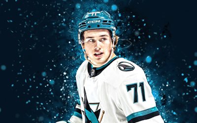 Macklin Celebrini, 4k, blue neon lights, San Jose Sharks, NHL, Canadian hockey players, Macklin Celebrini 4K, hockey, National Hockey League, Macklin Celebrini San Jose Sharks