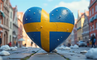 amo a suecia, 4k, bokeh, paisaje urbano, arte 3d, creativo, día de suecia, bandera de suecia, corazón con bandera sueca, corazones 3d, bandera sueca, suecia, amor por suecia