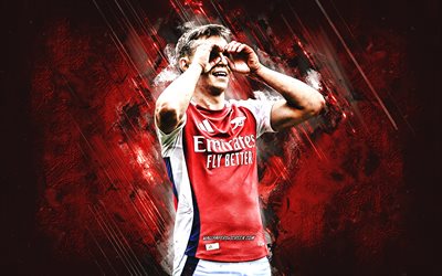 Leandro Trossard, Arsenal FC, Belgian footballer, red stone background, grunge art, Premier League, goal celebration, England, football, Leandro Trossard Arsenal
