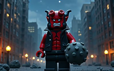 4k, helvetinpoika, yömaisema, supersankarit, lego  taide, seuraavat miehet, hellboy lego, 3d  taide, hellboy 3d, fani  taide, hellboy 4k