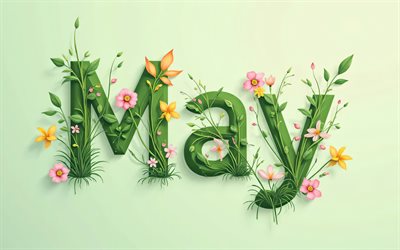 maggio, 4k, creativo, sfondi verdi, minimalismo, lettere floreali astratte, possa stile floreale, possa parola, nome di maggio, maggio di sfondi