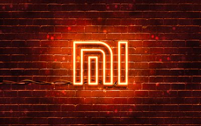 Xiaomi orange neon logo, 4K, electronics brands, orange brickwall, creative, Xiaomi, logo, artwork, Xiaomi neon logo, Xiaomi logo