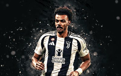 4k, Renato Veiga, black abstract background, Juventus FC, Serie A, Portuguese footballers, Renato Veiga 4K, white neon lights, football, soccer, Renato Veiga Juventus
