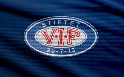 Valerenga IF fabric logo, 4k, blue fabric background, Eliteserien, bokeh, soccer, Valerenga IF logo, football, Valerenga IF emblem, Valerenga IF, Norwegian football club, Valerenga FC