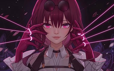 Kafka, 4k, darkness, Honkai Star Rail, purple neon lights, anime characters, manga, Honkai Star Rail characters, purple eyes, Kafka Honkai Star Rail