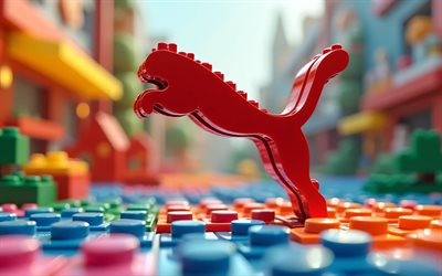 puma 3d logosu, 4k, yaratıcı, renkli lego arka planları, moda markaları, puma kırmızı logo, markalar, sanat eseri, puma logosu, puma
