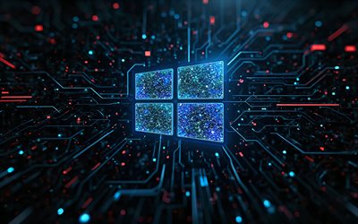 windows 10 mavi logo, 4k, yaratıcı, mikro devreler, iletkenler, markalar, windows 10 blue glitter logosu, os logosu, windows 10 özet logosu, sanat eseri, mikrokiritte windows 10 logosu, windows 10