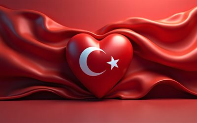amo a turquía, 4k, fondos 3d rojos, obra de arte, día de turquía, bandera de turquía, creativo, arte 3d, corazón con bandera turca, corazones 3d, bandera turca, pavo, amor por turquía