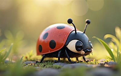 4k, netter 3d ladybug, cartoon 3d ladybug, süße tiere, waschbär, 3d  tiere, cartoon 3d  tiere, lustige marienkäfer, kleiner marienkäfer, naturhintergrund