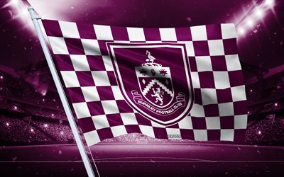 4k, burnley fc logosu, ingiliz futbol kulübü, stadyum bayrağı, burnley fc hayranları bayrağı, mor beyaz bayrak, burnley fc amblemi, şampiyonluk, ingiltere, futbol, burnley fc