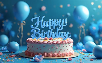 buon compleanno, 4k, buon compleanno in 3d blu iscrizione, torta di compleanno blu, concetti di buon compleanno, auguri di buon compleanno, arte creativa, background di buon compleanno