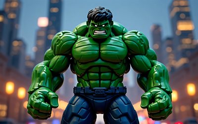4k, ponton, paysage nocturne, super héros, lego art, comics marvel, hulk lego, art 3d, hulk 3d, fan art, hulk 4k