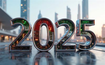 2025 vae, 4k, reisen sie in die vae 2025, kreative kunst, vae 2025 ziffern, 3d  kunst, vae  flagge, 2025 3d  ziffern, vae, vereinigte arabische emirate, emirates 2025