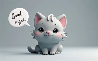 4k, Good Night, cartoon gray cat, 3D art, gray backgrounds, speech bubbles, Good night wishes, pets, cats, cartoon cats, Good night concepts