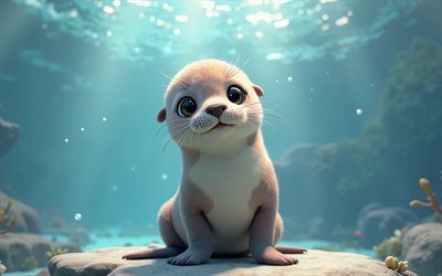 4k, mignon lion de mer 3d, dessin animé 3d sea lion, animaux mignons, marin de mer, animaux 3d, animaux 3d de dessin animé, lion de mer drôle, petit lion de mer, monde sous marin, océan, lion de mer sous l'eau
