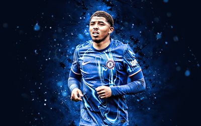 4k, wesley fofana, fond de résumé bleu, chelsea fc, premier league, footballeurs français, wesley fofana 4k, néons bleus, football, wesley fofana chelsea