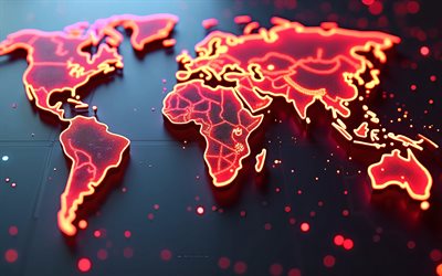خريطة عالم التكنولوجيا الحمراء, 4k, ضوء النيون الأحمر, خريطة العالم النيون الأحمر, الفن الإبداعي, مفاهيم خريطة العالم, خريطة العالم ثلاثي الأبعاد, خلفية مع خريطة العالم, مفاهيم العالم الرقمي, الفن الرقمي, خريطة العالم