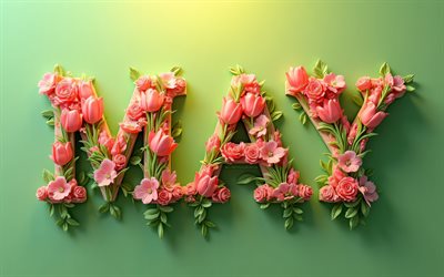 4k, maggio, fiori 3d rosa, sfondi verdi, 3d art, creativo, lettere floreali astratte, possa stile floreale, possa parola, nome di maggio, maggio di sfondi