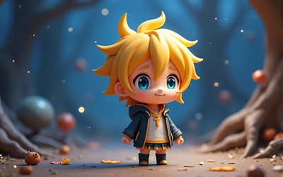 len kagamine, 4k, art de chibi, vocaloïde, art 3d, forêt, yeux jaunes, len kagamine chibi, protagonistes, manga, personnages vocaloïdes, kagamine len, chanteurs virtuels japonais, len kagamine vocaloid