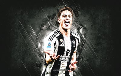 Kenan Yildiz, Juventus FC, goal celebration, white stone background, grunge art, Serie A, Italy, football, Turkish football player, Juve, Kenan Yildiz Juventus