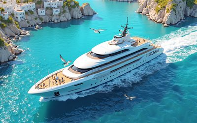resa till santorini, grekland, lyx 3d  yacht, vita hus, resa till grekland, törra, turism, santorini, egeiska havet, sommarresekoncept