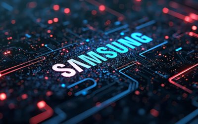 Samsung logo, 4k, creative, microcircuits, conductors, electronics brands, Samsung blue glitter logo, Samsung logo on microcircuit, brands, Samsung abstract logo, artwork, Samsung