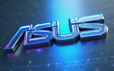 Asus logo, 4k, creative art, Asus 3d blue logo, Linux, blue metal backround, Asus, blue neon lights, Asus emblem