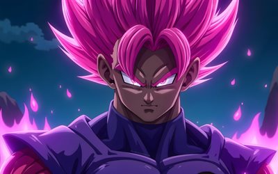 Super Saiyan Rose, 4k, artwork, Black Goku Dragon Ball, abstract art, purple fire flames, Dragon Ball Super, antagonist, Dragon Ball, Son Goku Black, DBS, DBS characters, Goku Burakku, Black Goku DBS, Black Goku