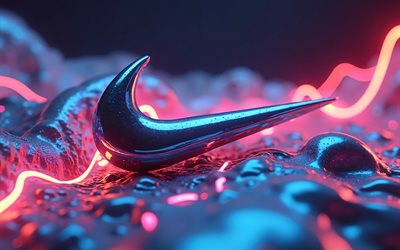 4k, شعار المعادن نايك, أضواء النيون الملونة, خلفيات الحجر, شعار نايك 3d, مبدع, شعار نايك, علامات أزياء, نايك