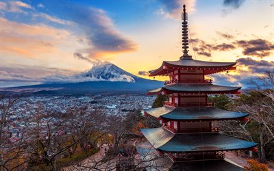 chureito pagoda, 4k, fuji  vuori, muistokompleksi, churei to pagoda, japanilainen temppelit, fujiyoshida city, japanin kaupungit, japani, asama, fujiyoshida, yamanashi, temppelit