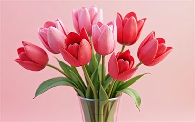 4k, strauß aus rosa und roten tulpen, pink tulpen, rote tulpen, 3d  tulpen, 3d  blumen, tulpsstrauß, rosa und rotes blumenstrauß, tulpen
