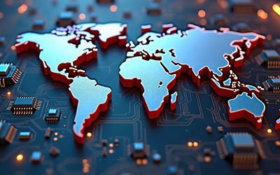 3d metal world map, 4k, digitale welt, weltkarte, digitale technologien, 3d  weltkarte, technologiehintergrund, weltkarte auf einem chip, weltkartenkonzepte