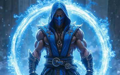 sub zero, mortal kombat, fundo dos raios azuis, arte criativa, kombat mortal sub zero, ninja, personagens mortal kombat