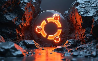 4k, logotipo de vidrio de ubuntu, creativo, luces de neón naranja, fondo de piedra negra, marcas, logotipo de ubuntu neon, logotipo del sistema operativo, logotipo de ubuntu orange, obra de arte, logotipo de ubuntu, logotipo de ubuntu 3d, ubuntu, linux ubuntu