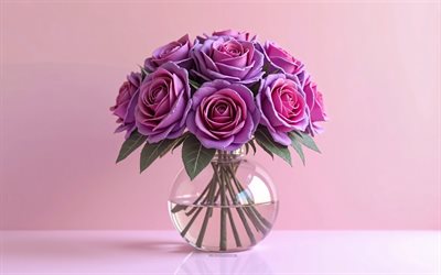 4k, bouquet di rose rosa viola, sfondo rosa, rose rosa viola, fiori 3d, rose 3d, bouquet roses, fiori rosa viola, rose, sfondo con rose rosa viola, rose a due colori