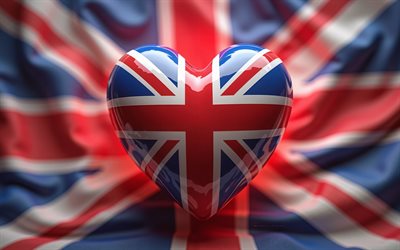 amo la gran bretagna, 4k, sfondo ondulato in seta, 3d art, creativo, giorno della gran bretagna, bandiera della gran bretagna, cuore con bandiera britannica, cuori 3d, bandiera britannica, gran bretagna, amore per la gran bretagna, flag del regno unito, union jack