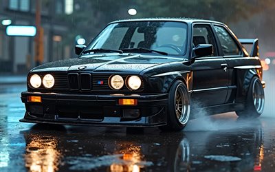bmw m3, 4k, 雨, e30, nighscapes, アートワーク, スーパーカー, tunnig, ブラックbmw m3 e30, クリエイティブ, bmw m3 e30, ドイツの車, bmw