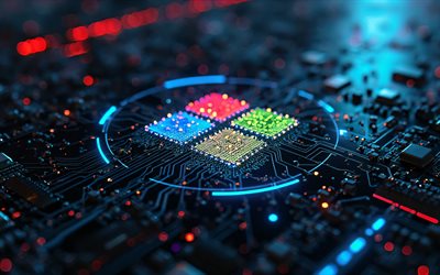 logo microsoft, 4k, creativo, microcircuits, conduttori, marchi elettronici, microsoft blue glitter logo, microsoft logo su microcircuit, marchi, microsoft abstract logo, opera d'arte, microsoft