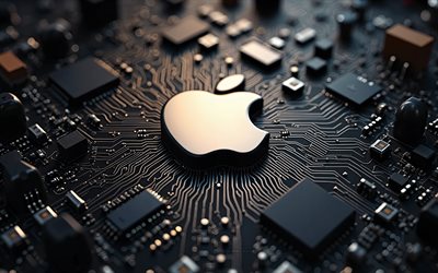 4k, apple chip  logotyp, svart moderkort, apple creative logo, äpple, mikrokrets, apple 3d  logotyp, äppelemblem, teknikkonst, digitalkonst, äppellogotyp