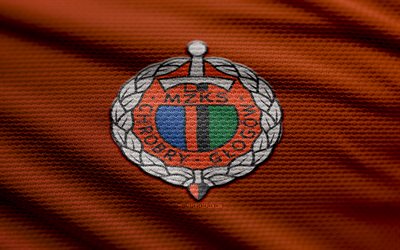 Chrobry Glogow fabric logo, 4k, orange fabric background, Division 1, bokeh, soccer, Chrobry Glogow logo, football, Chrobry Glogow emblem, Chrobry Glogow, polish football club, Chrobry Glogow FC