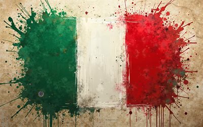 4k, bandera de italia, bandera de salpicaduras de pintura italiana, arte grune, bandera italiana, fondo de grune, salpicaduras de pintura