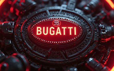 4k, bugatti red neon logo, macro, bokeh, fond de black metal, marques de voitures, logo bugatti, créatif, logo bugatti 3d, logo des marques, logo bugatti neon, marques, bugatti