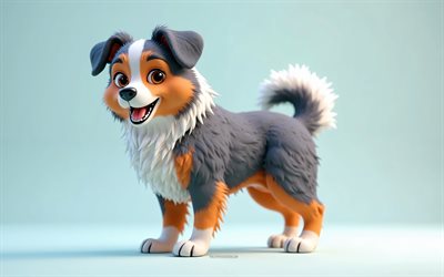 4k, netter 3d australian shepherd, cartoon 3d australian shepherd, süße hunde, australischer schäferhund, 3d  tiere, cartoon 3d  tiere, lustiger australischer schäferhund, kleiner australischer schäferhund, blauer hintergrund