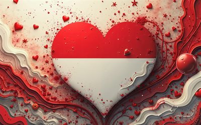 4k, I Love Indonesia, grunge art, red abstract background, creative, Day of Indonesia, flag of Indonesia, 3D art, heart with Indonesian flag, 3D hearts, Indonesian flag, Indonesia, Love for Indonesia