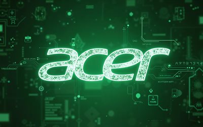 Acer green logo, 4k, green neon background, Acer logo, green hi-tech background, Acer emblem, Acer