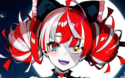 4k, クレイジ・オリー, 月, 仮想youtuber, 夜, 閉じる, vtuber, ゾンビ, 肖像画, ホロリーブ, ヘテロクロミア, 漫画, kureiji ollie channel