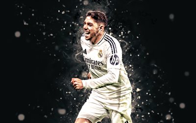 4k, Federico Valverde, black abstract background, Real Madrid, La Liga, spanish footballers, Federico Valverde 4K, white neon lights, Real Madrid FC, football, soccer, Real Madrid CF, LaLiga, Federico Valverde Real Madrid